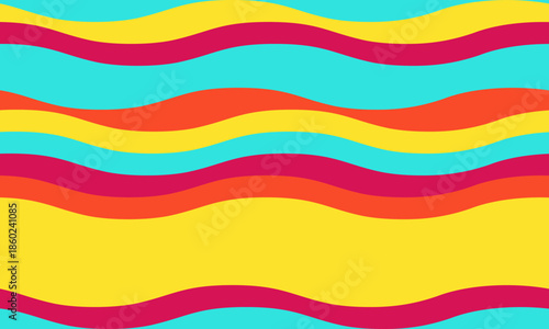 Vibrant, wavy stripes in sunny yellow, fiery orange, and cool turquoise create a joyful, summery pattern.