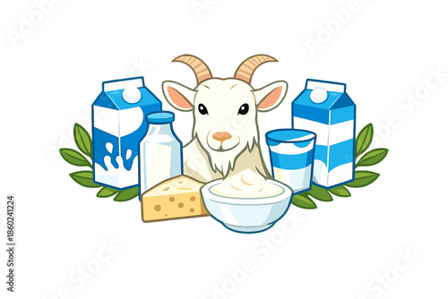 Cute cartoon goat with dairy products