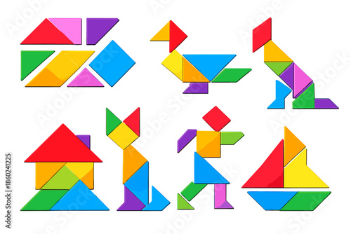 Colorful Tangram Puzzles Forming Figures on a Gradient Background