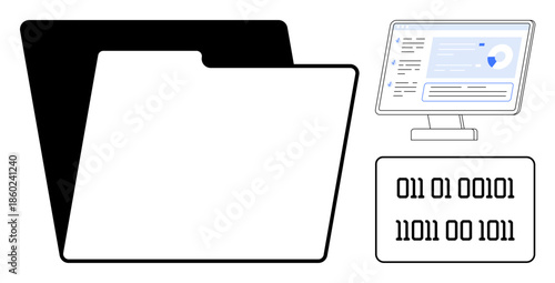 Data management, tech design, coding education, digital resources, programming, file organization. Digital folder, screen with data charts binary code. Data management and tech design concept