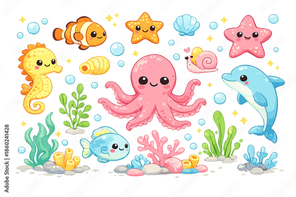Naklejka premium Cute Underwater Friends Cartoon Collection