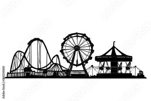 Silhouette of amusement park rides against a muted background.
