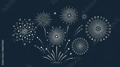 Fireworks exploding in night sky with white sparks and stars, festive celebration background