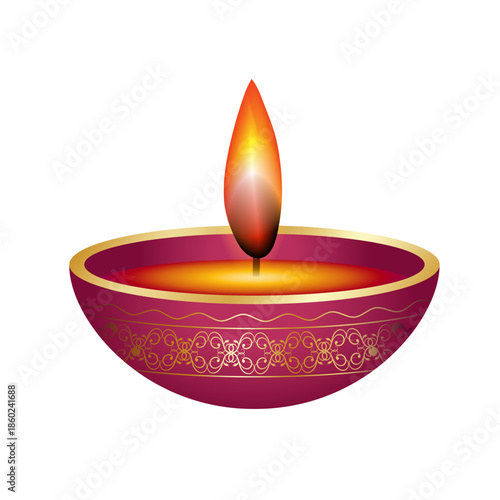 Ornate magenta Diya lamp with a golden filigree pattern and a bright, glowing flame.