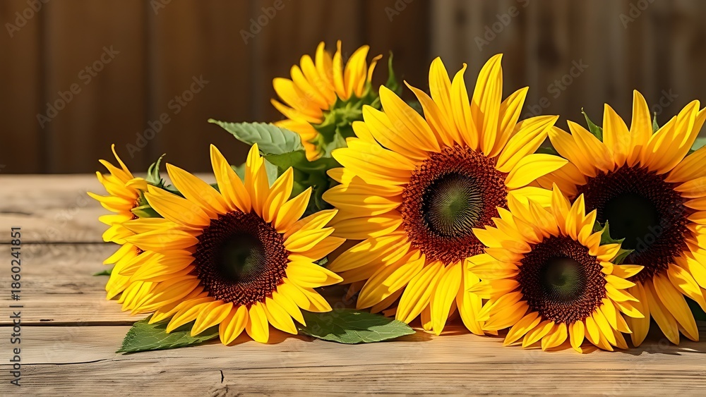 Obraz premium sunflowers. Sunflowers arranged on a wooden surface, bathed in warm natural light for a serene still life composition. gardening catalogs.