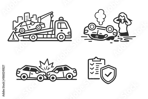 Car accident icons and insurance symbol