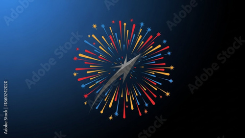Vibrant colorful fireworks explosion with red, blue and yellow streaks on dark background, celebrating joy and festivity with sparkling stars
