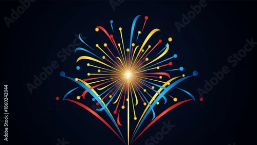 Vibrant colorful firework exploding in night sky with bright yellow center and red, blue, and yellow streaks on dark background