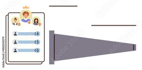 Leaderboard highlighting top positions with avatars and scores next to a broadening funnel chart. Ideal for ranking, competition, performance, analytics, gamification, progress, teamwork, simple flat