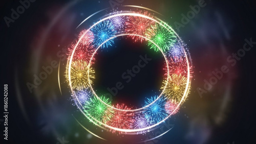 Vibrant colorful fireworks exploding in a circular pattern at night with glowing white rings on a dark background