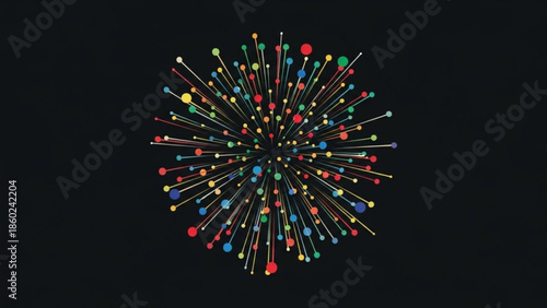 Vibrant multicolored spherical explosion of dynamic lines and dots on black background, representing energy and movement
