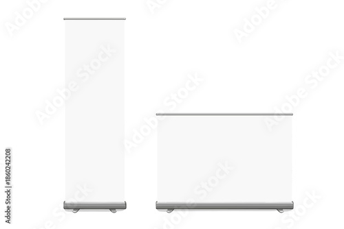 Two blank roll-up banner stands, one vertical and one horizontal
