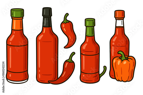 Collection of hot sauce bottles and peppers