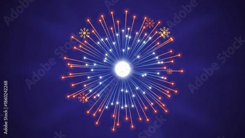 Vibrant fireworks explosion with white, orange, and yellow sparks on dark blue background, festive celebration and joy concept