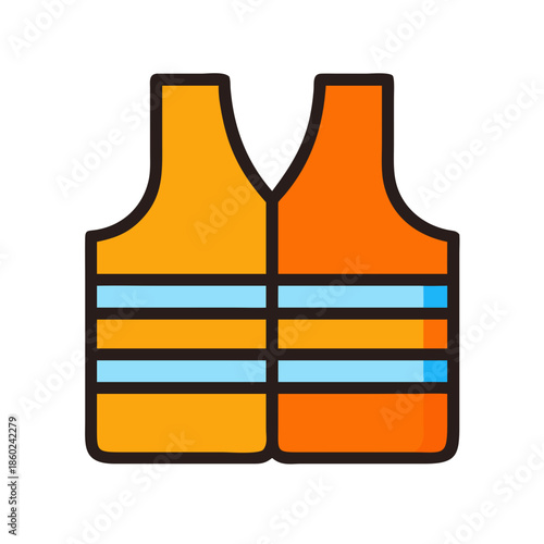 Stylized orange life vest with blue stripes on black