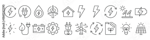 Collection of Signs of Green Energy Drawn with Thin Line for apps, web sites, banners, infographics and other types of design