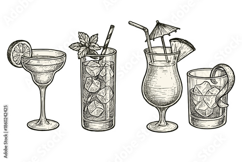 Hand-drawn cocktail illustrations on a brown background