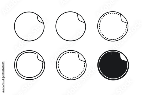 Set of six circular stickers with peeled corners on a gradient background
