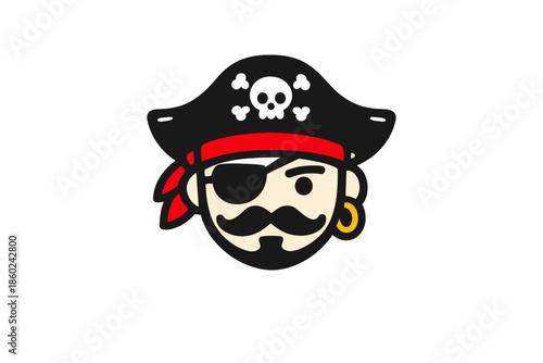 Cartoon pirate face with bandana and eye patch