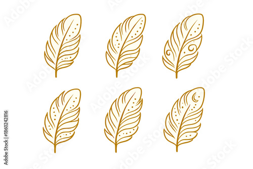 Six glowing golden feathers arranged in two rows on a dark background