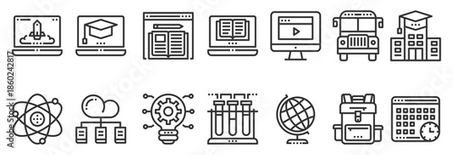 Education Study Online Icons Vector, Laptop, Technology, E-Learning