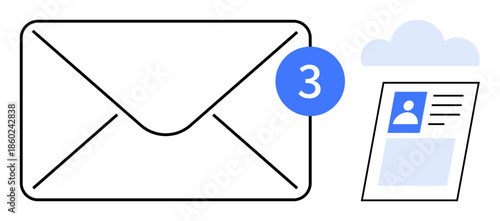 Email notification concept. an envelope with new message alert and user profile in a cloud setting. Email enabling communication, cloud storage, and online profile management. For business, digital