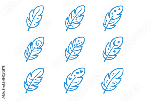 Collection of nine stylized feathers glowing with a blue aura