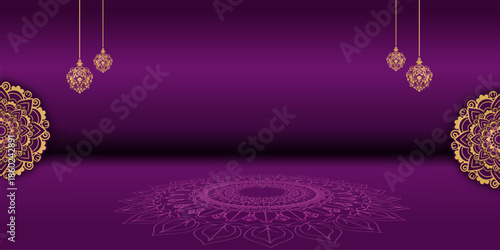Luxurious festive backdrop with intricate golden mandalas and hanging lanterns on a rich purple gradient stage.