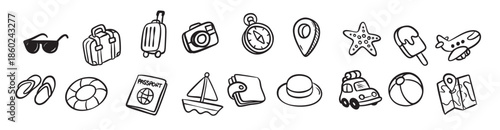 hand drawn travel and vacation doodle icon set 