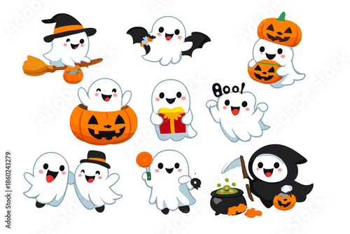 Cute Halloween Ghosts and Pumpkins Illustration