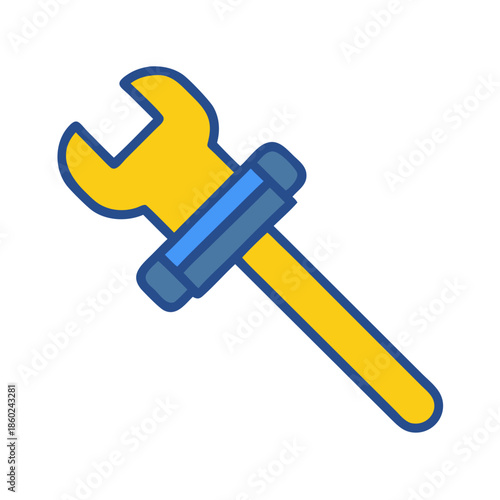 Stylized yellow wrench with blue binding on black backdrop