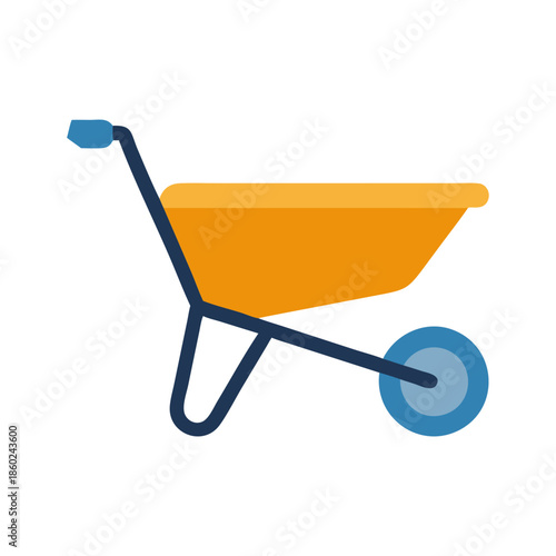 Flat design style illustration of a bright orange wheelbarrow