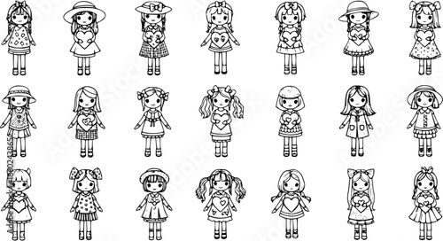 Black and White Line Art Illustration of Cute Little Girls Holding Hearts, Kawaii Style, Vector Stock Asset