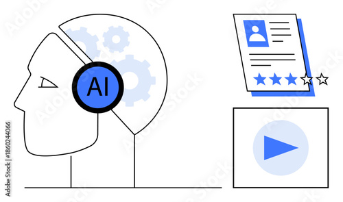 Human head with AI gear, document with star rating, play button conveying AI analysis, recruitment, decision-making. Ideal for technology, automation, human-AI collaboration, recruitment innovation