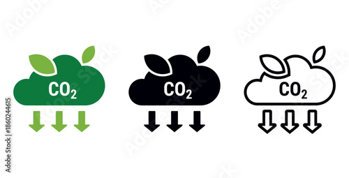 Carbon dioxide CO2 emissions reduction concept illustrated with eco cloud icons | CO2 Carbon Emissions Reduction Icons Set with Green Eco Cloud and Down Arrows | Vector icons for CO2 reducing emission
