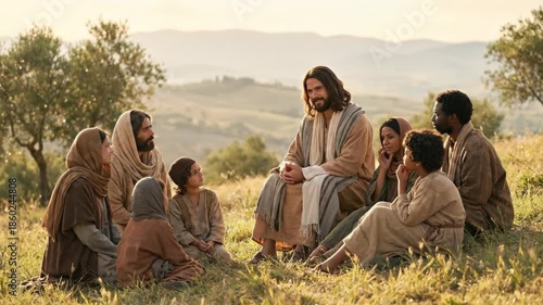 Jesus Christ sitting on grassy hill teaching diverse group of disciples and children including women and men representing sermon on the mount and biblical ministry