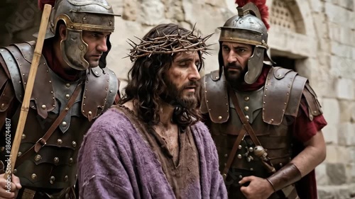 Jesus Christ wearing crown of thorns and purple robe standing between two roman soldiers during passion and trial representing suffering and sacrifice of holy week