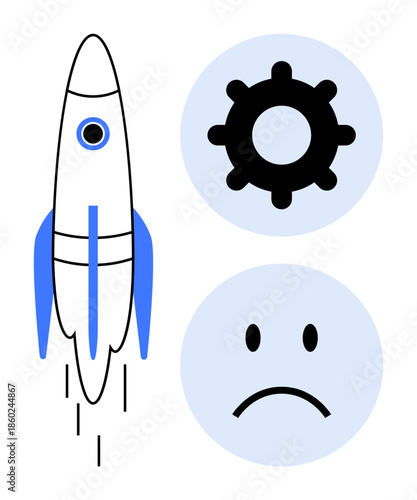 Innovation concept. Rocket s innovation and progress, while the gear and sad face highlight challenges and emotional impact. Innovation in business, technology, psychology, and creativity