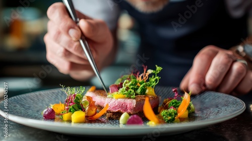 A chef delicately places finishing touches with tweezers on a plated dish, highlighting vibrant vegetables & perfectly cooked meat