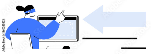 Data analysis, user interaction, digital learning, direction, virtual reality, concept design. A person in a headset pointing at a computer screen with a large arrow. Data analysis and user