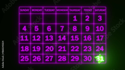 Neon line 2026 New Year's Day calendar 31 date with color stain/ink bloom thumb calendar 31 date highlighted important day symbol highlight list macro management mark number, 4k video.. 