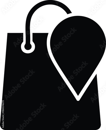 Local shopping glyph icon. Shopping bag with map location pointers. Retail and e-commerce destination concept.