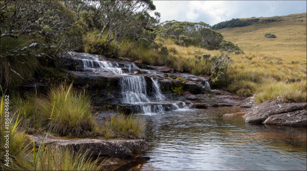 Obraz premium Scenic landscape featuring a cascading waterfall flowing into a tranquil pool surrounded by lush greenery, rocks, and rolling hills under a cloudy sky