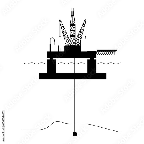 Offshore oil submersible rig silhouette for ocean floor drilling graphic illustration