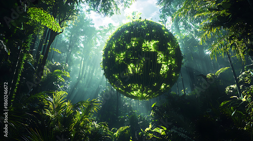 Mysterious Orb Floating in Lush Green Jungle Canopy.