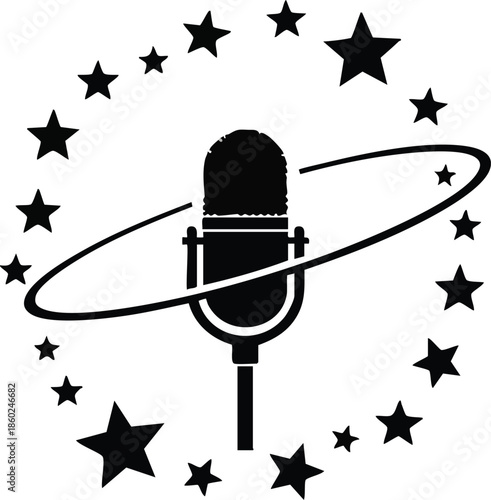 Microphone icon with orbiting stars. Symbol of performance, broadcasting, and entertainment. Talent show concept.