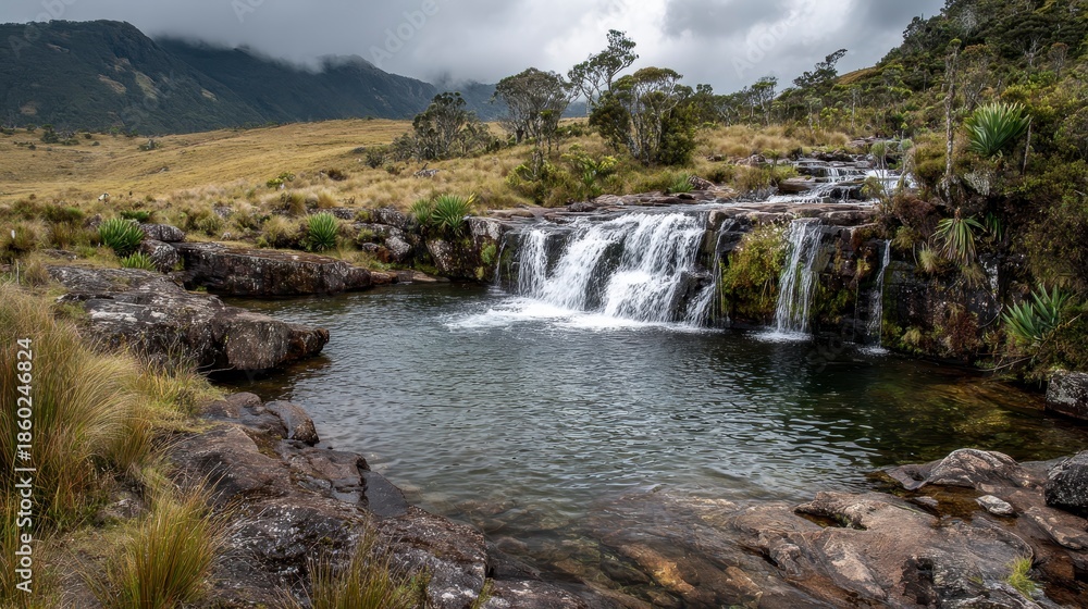 Fototapeta premium A serene natural scene unfolds with a cascading waterfall flowing into a tranquil pool surrounded by lush vegetation and rocky terrain. The cloudy sky adds a touch of drama