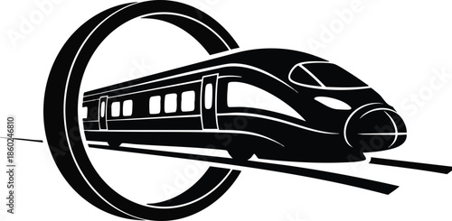 Modern high-speed train logo. Dynamic locomotive on railway tracks with circular motion. Speed and transportation concept.