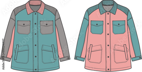 Men's color block utility jacket technical flat vector illustration, front view, multi pocket design, modern workwear fashion apparel CAD