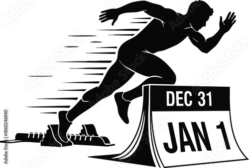 New Year's resolution illustration. Sprinter running from December 31 to January 1 calendar pages. Fresh start and goals concept.